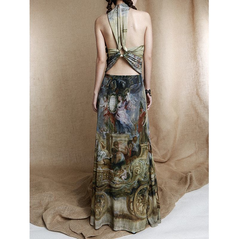 Homemade Retro European Oil Painting Style Cross Wooden Ring Backless High Collar Slimming Dress