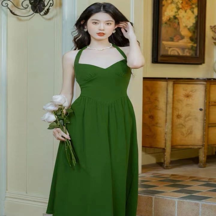 Vintage Dark Green Waistband Halter Dress