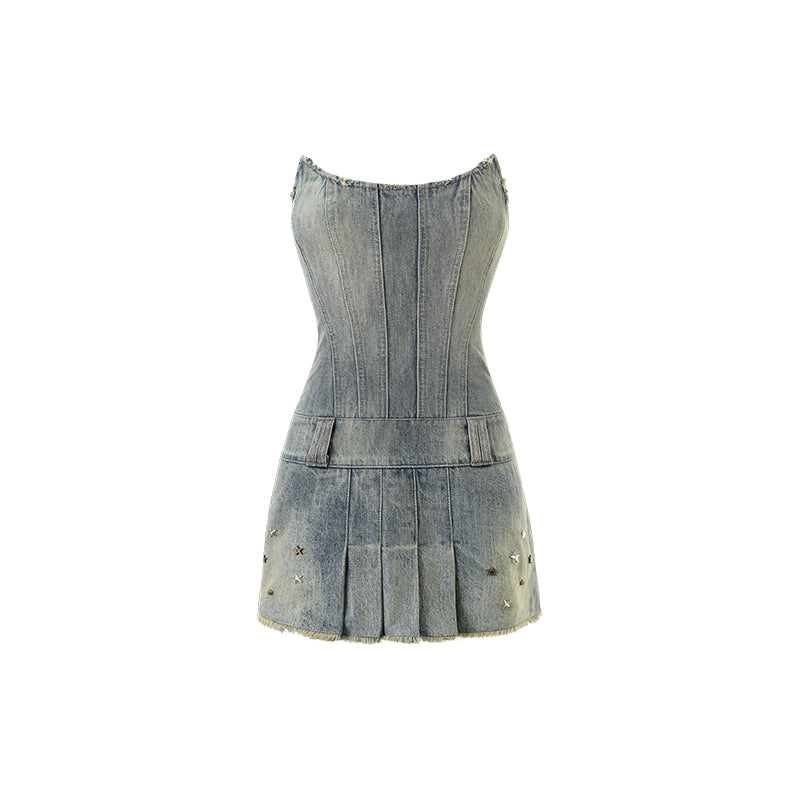 Washed And Distressed Denim Tube Top Dress