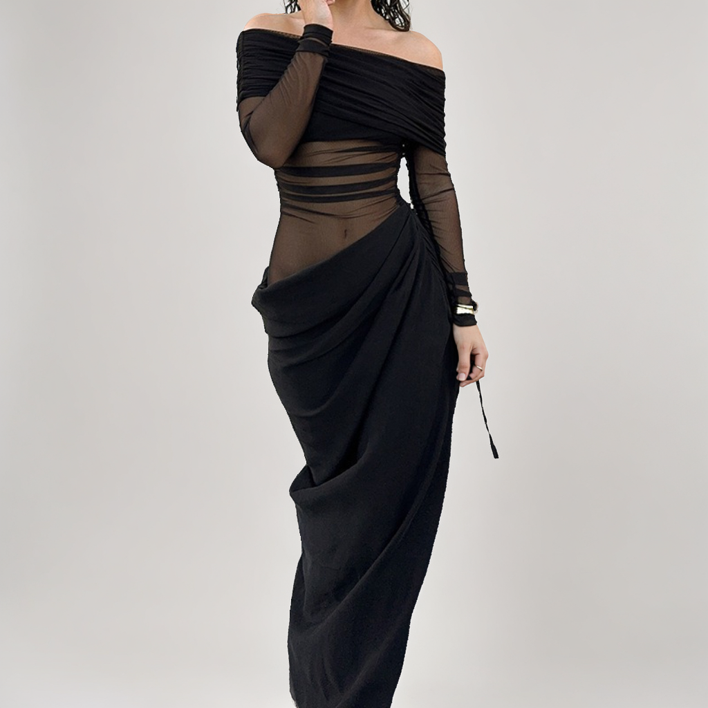 Off-Shoulder Mesh Hollow Dress – Black High Waist Long Sleeve Bodycon Dress for Women-SH-TRD-001