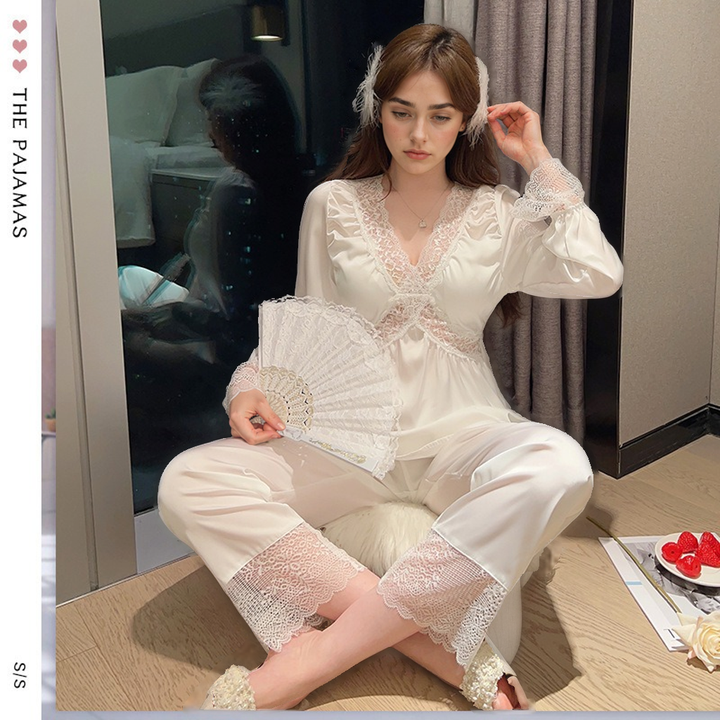 French Style Satin Chiffon Pajama Set – Long Sleeve & Pants Two-Piece for Women-SH-PJS-0106