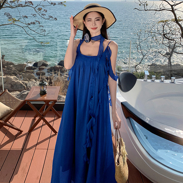 Women’s Blue Pleated Sling Dress – Fresh & Sweet Temperament Style -SH-KR-004