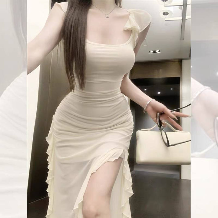 Waist Slimming Flying Sleeves Mesh Mid-length Dress