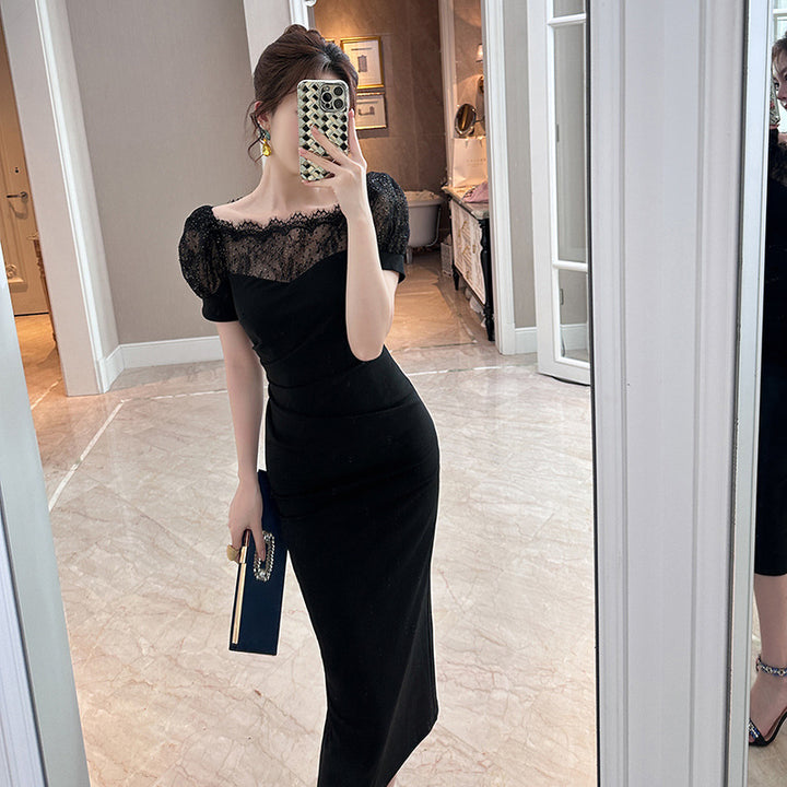 Black Off-Shoulder Lace Crimp Dress – High Waist, Mid-Length-SH-DR-0108