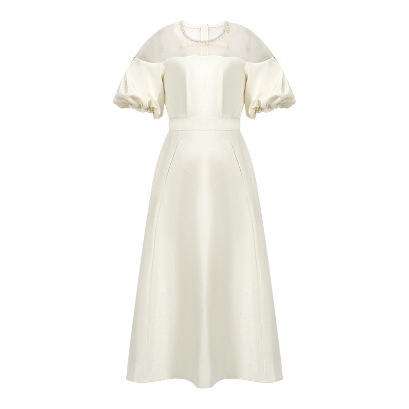 White Puff Sleeve High Waist Nipped Waist Dress – Viscose-SH-DR-0104