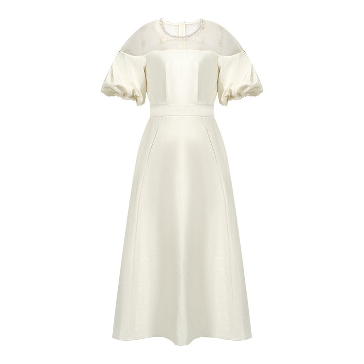 White Puff Sleeve High Waist Nipped Waist Dress – Viscose-SH-DR-0104