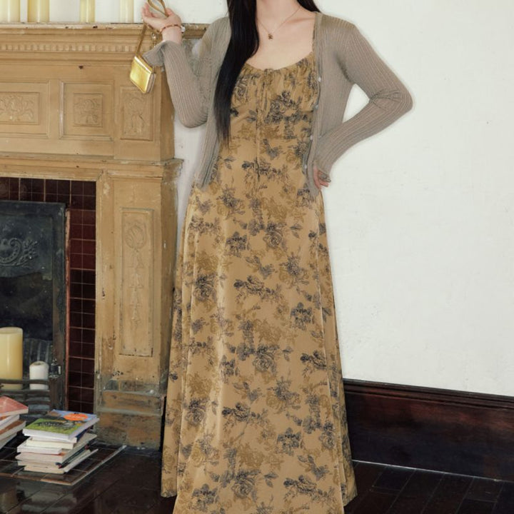 Elegant Floral Sling Dress for Women – Mid Waist Pullover with Optional Dark Shawl-SH-CD-001