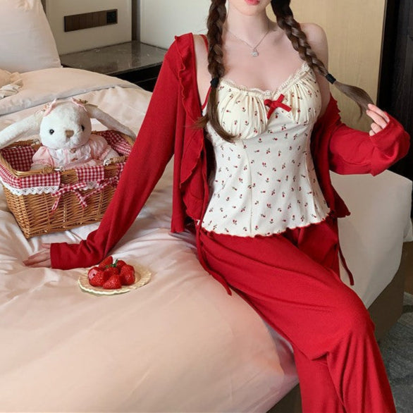 3-Piece Rose Print Pajama Set for Women – Lightweight Spring & Autumn Loungewear-SH-PJS-0113