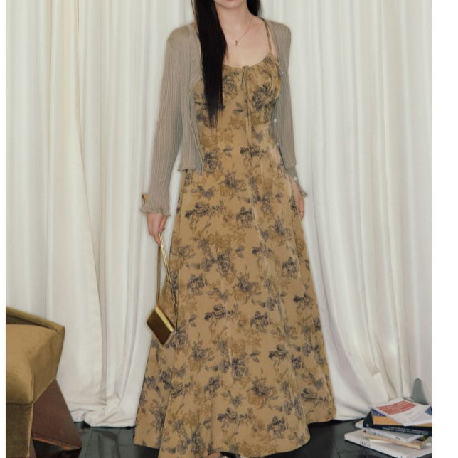 Elegant Floral Sling Dress for Women – Mid Waist Pullover with Optional Dark Shawl-SH-CD-001