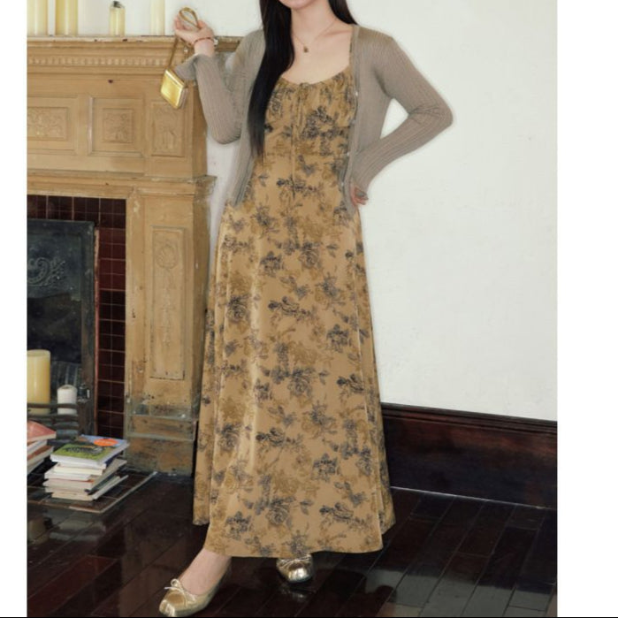 Elegant Floral Sling Dress for Women – Mid Waist Pullover with Optional Dark Shawl-SH-CD-001
