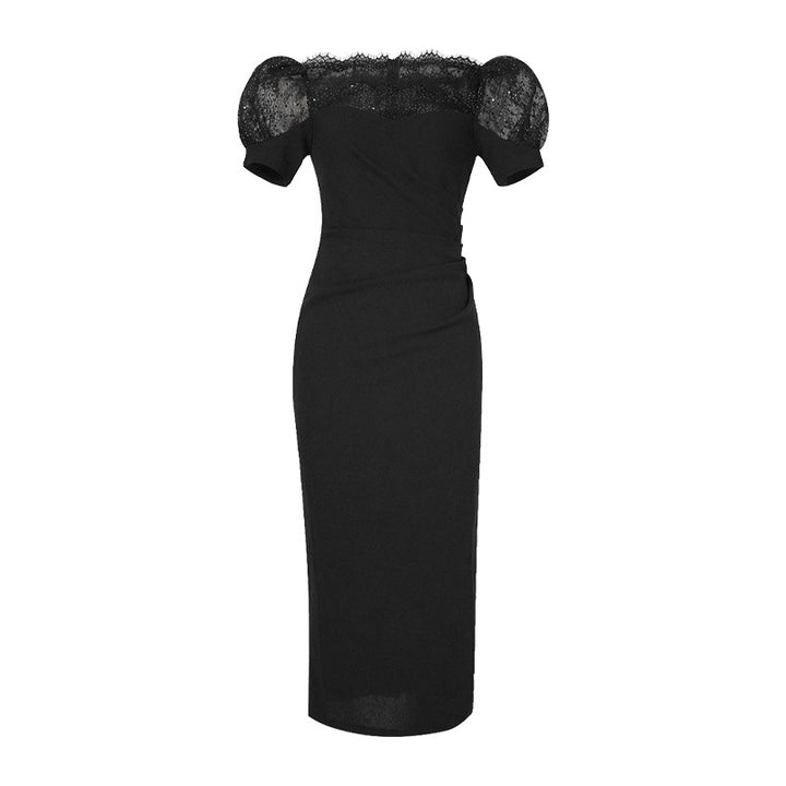 Black Off-Shoulder Lace Crimp Dress – High Waist, Mid-Length-SH-DR-0108