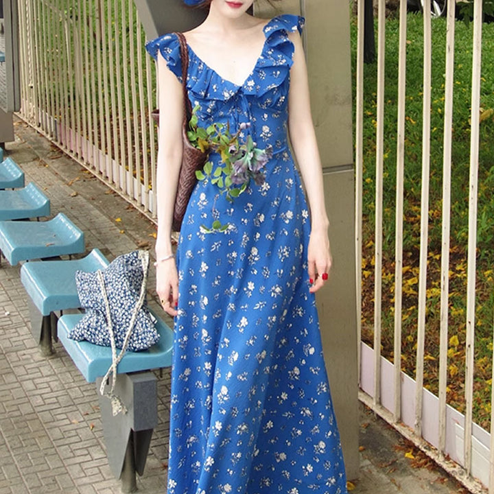 Elegant Summer Floral Dress – Tie-Neck, High Waist, Sleeveless-SH-KR-001