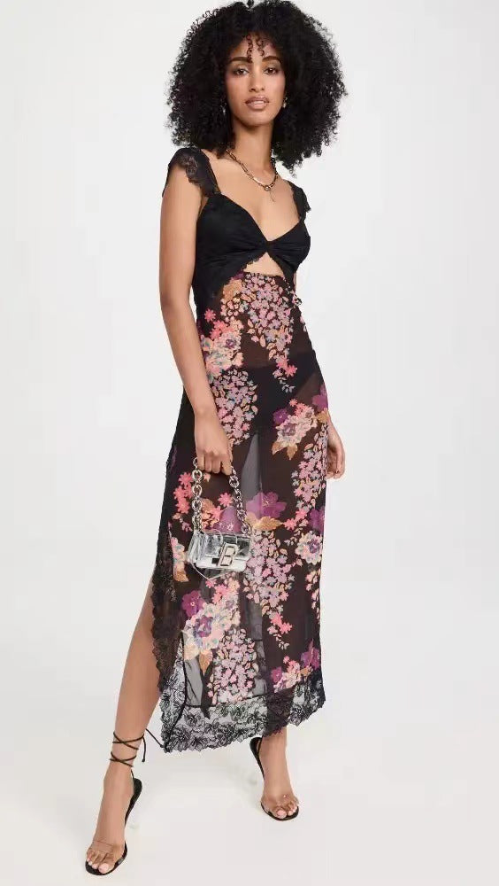Shoulder Strap Stitching Slit Color Length Dress