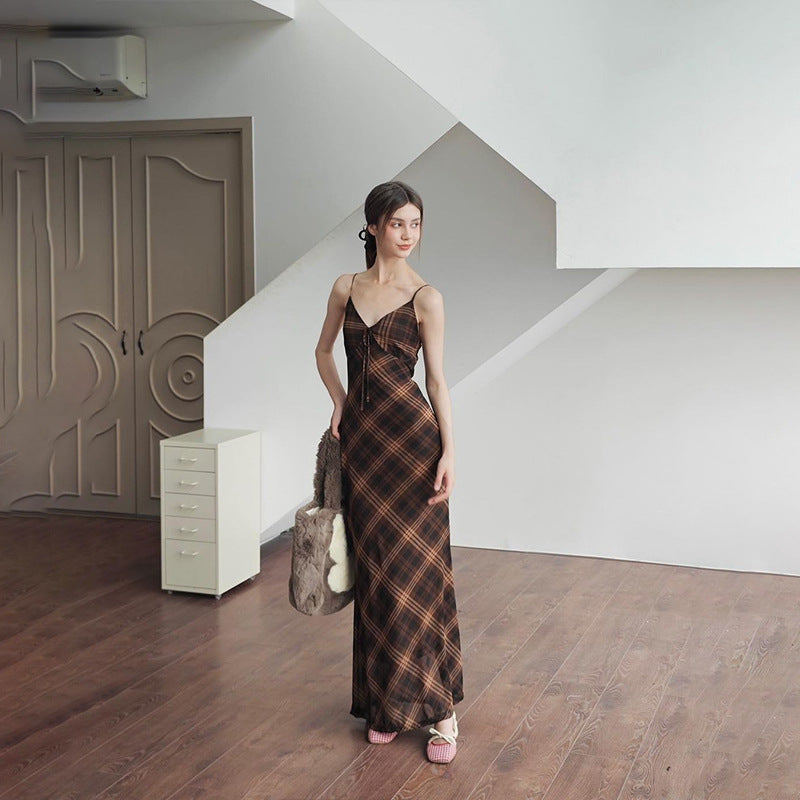 European And American Fashion Retro Plaid Pure Desire Socialite Temperament Slim Strap Dress