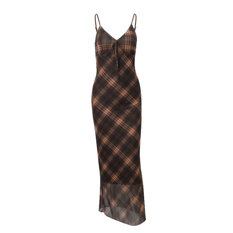 European And American Fashion Retro Plaid Pure Desire Socialite Temperament Slim Strap Dress