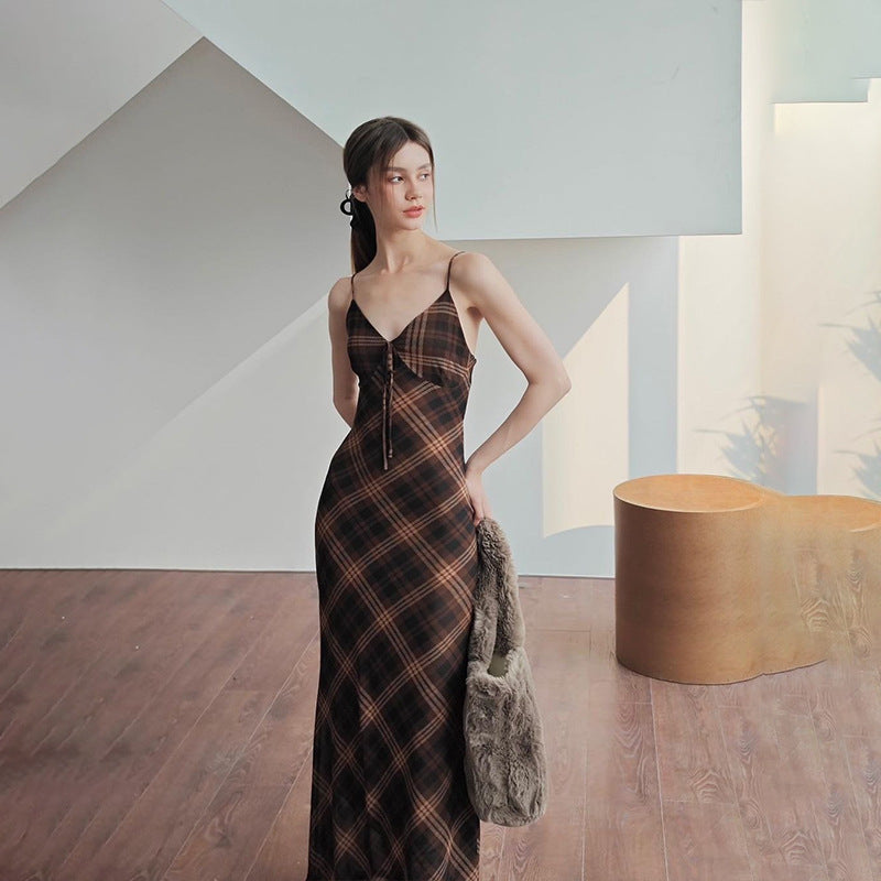 European And American Fashion Retro Plaid Pure Desire Socialite Temperament Slim Strap Dress