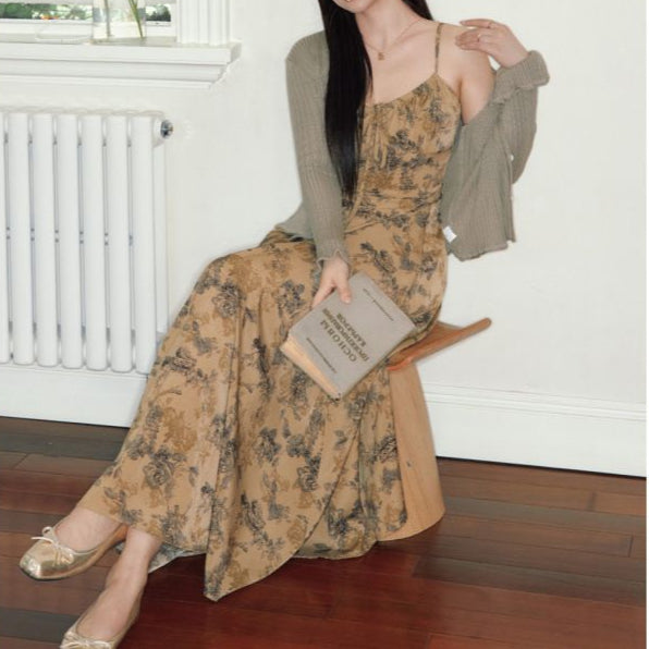 Elegant Floral Sling Dress for Women – Mid Waist Pullover with Optional Dark Shawl-SH-CD-001