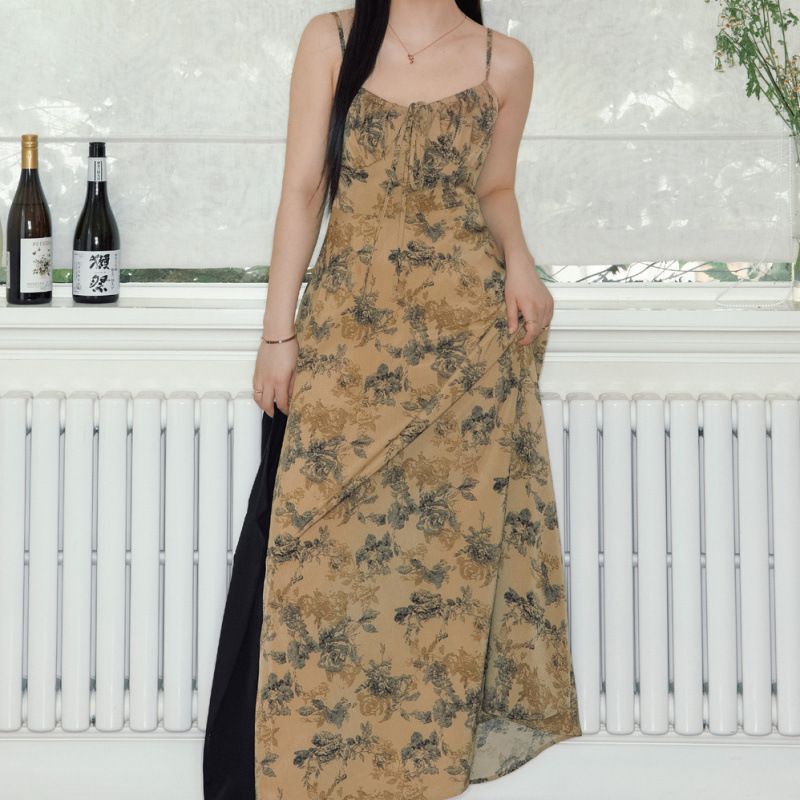 Elegant Floral Sling Dress for Women – Mid Waist Pullover with Optional Dark Shawl-SH-CD-001