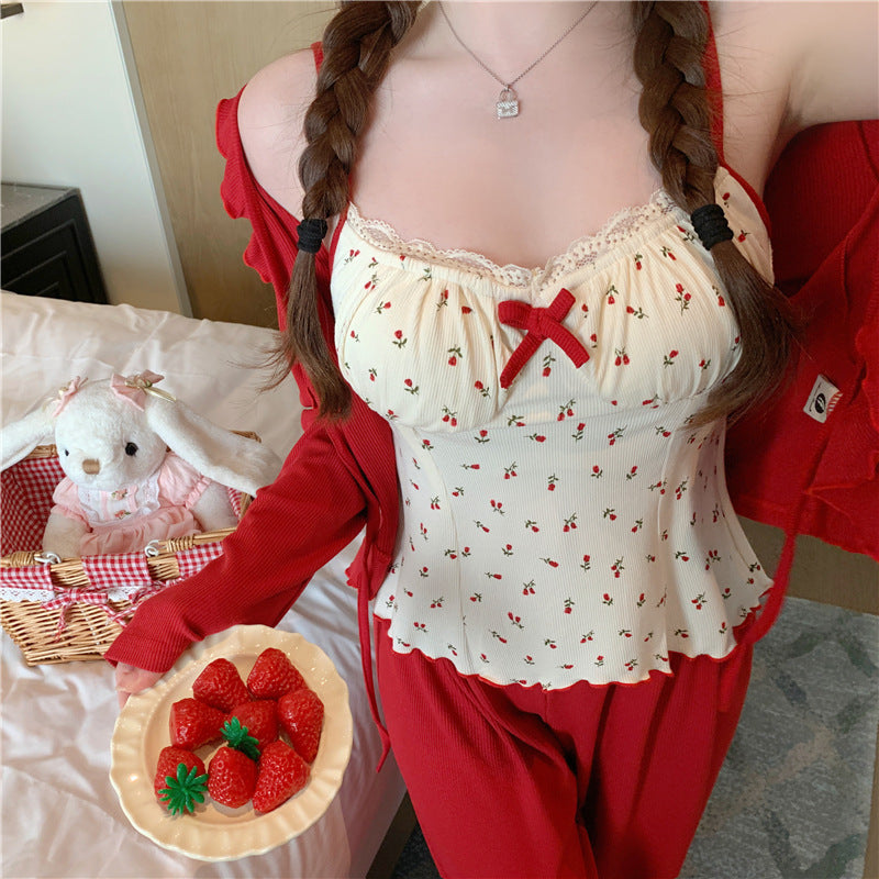 3-Piece Rose Print Pajama Set for Women – Lightweight Spring & Autumn Loungewear-SH-PJS-0113