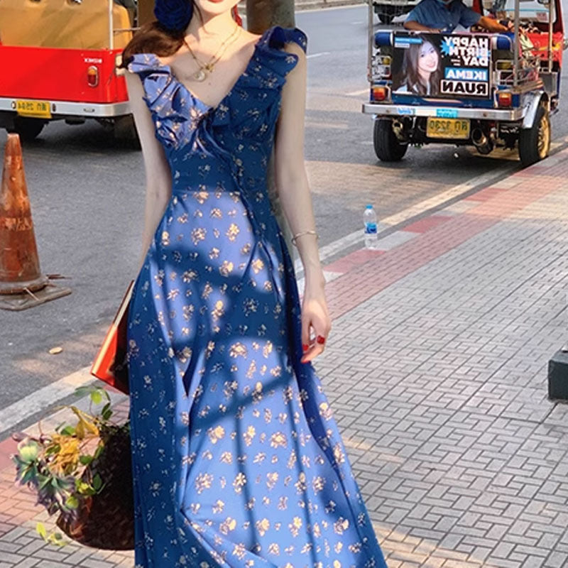 Elegant Summer Floral Dress – Tie-Neck, High Waist, Sleeveless-SH-KR-001