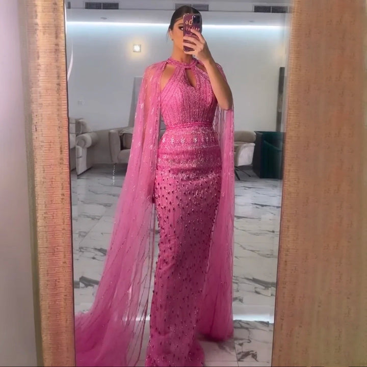 Pink Mermaid Elegant Cape Sleeves Beaded Luxury Evening Dresses