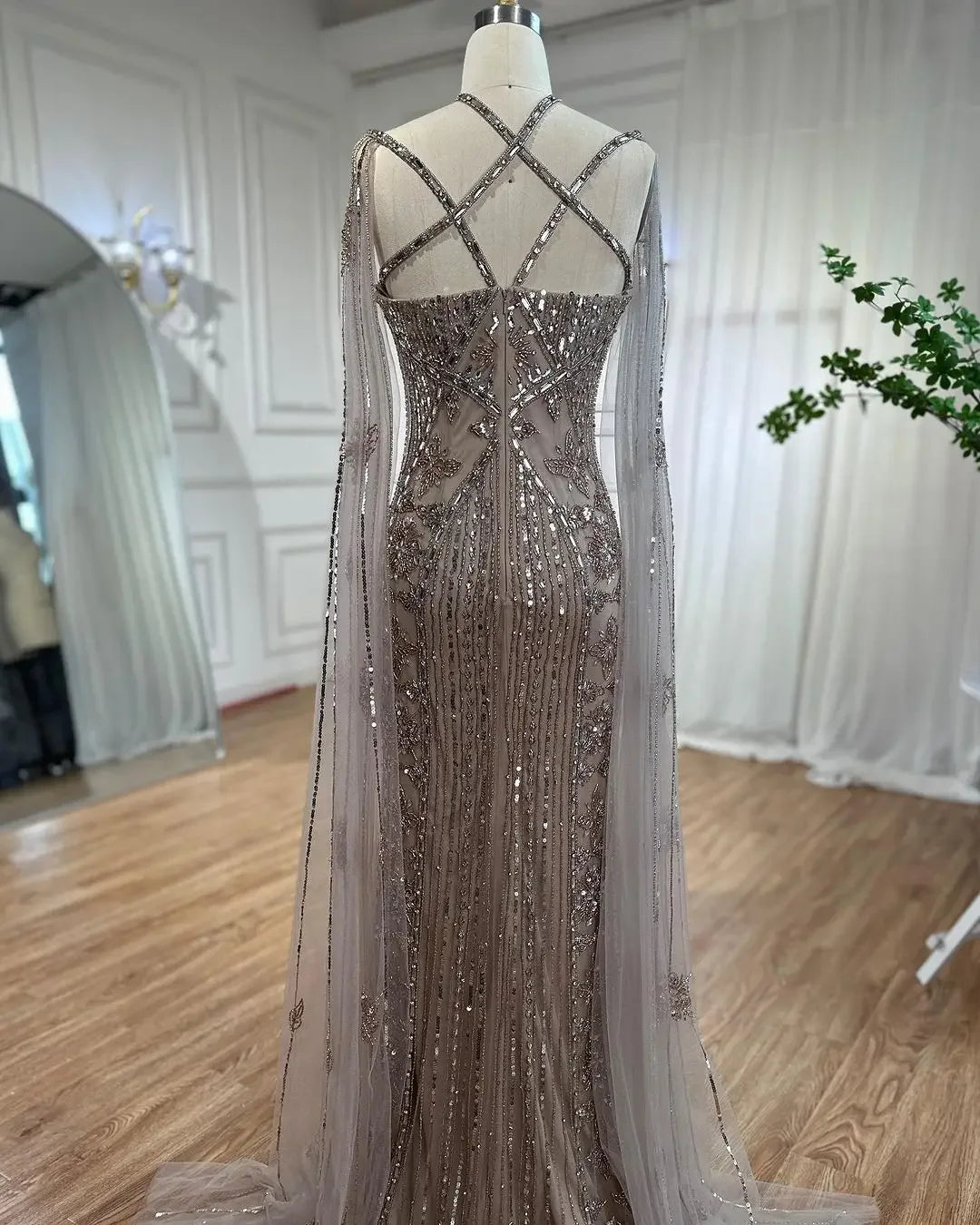 Caramel Mermaid Elegant Cape Sleeves Beaded Luxury