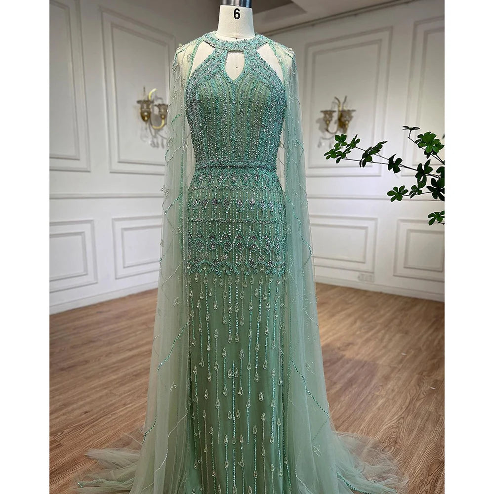 Pink Mermaid Elegant Cape Sleeves Beaded Luxury Evening Dresses