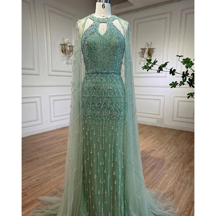 Pink Mermaid Elegant Cape Sleeves Beaded Luxury Evening Dresses