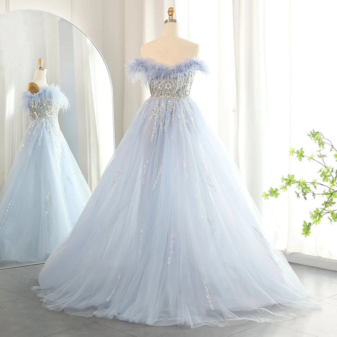 Jancember Dubai Feathers Lilac Evening Dress with Overskirt Side Slit Arabic Blue Green Women Wedding Party Gowns SZ252