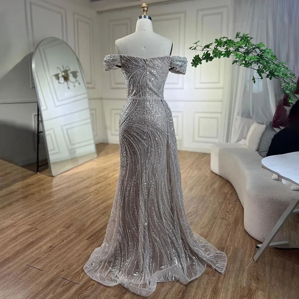 Silver Nude Mermaid High Split Beaded Luxury Evening Dresses