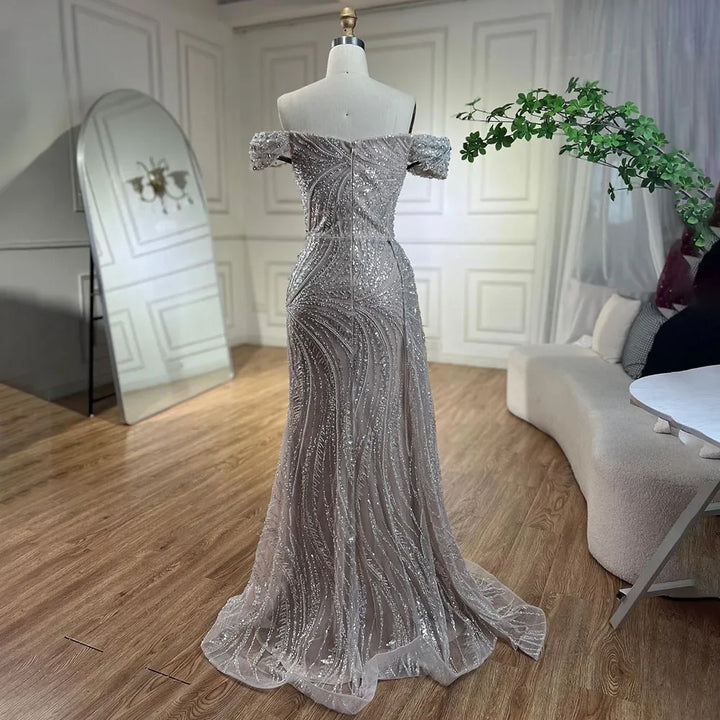 Silver Nude Mermaid High Split Beaded Luxury Evening Dresses