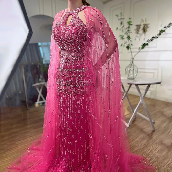 Pink Mermaid Elegant Cape Sleeves Beaded Luxury Evening Dresses