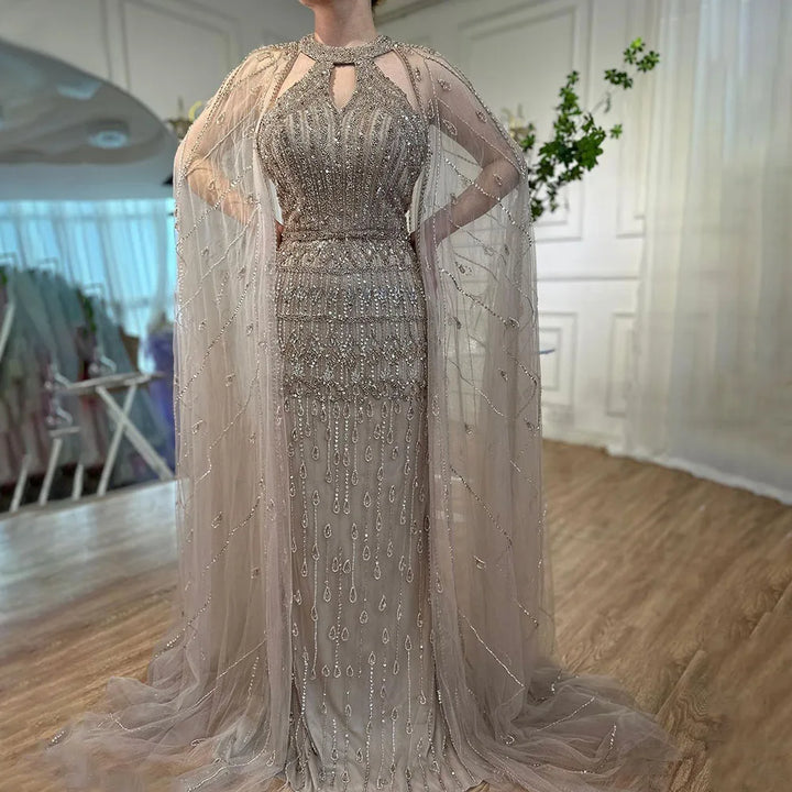 Pink Mermaid Elegant Cape Sleeves Beaded Luxury Evening Dresses