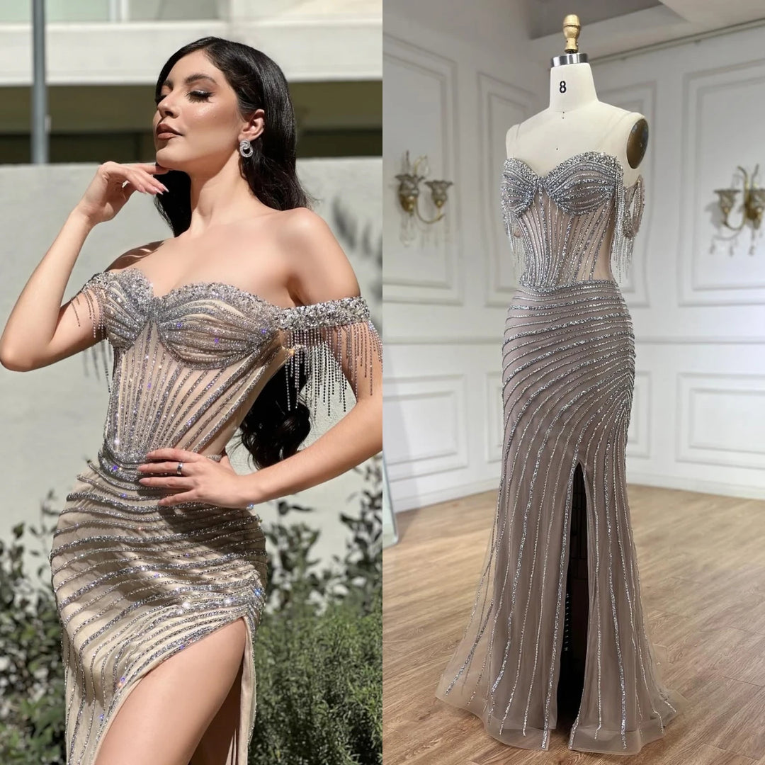 Sliver Nude Off Shoulder Mermaid Elegant Beaded Tassel Evening Dresses