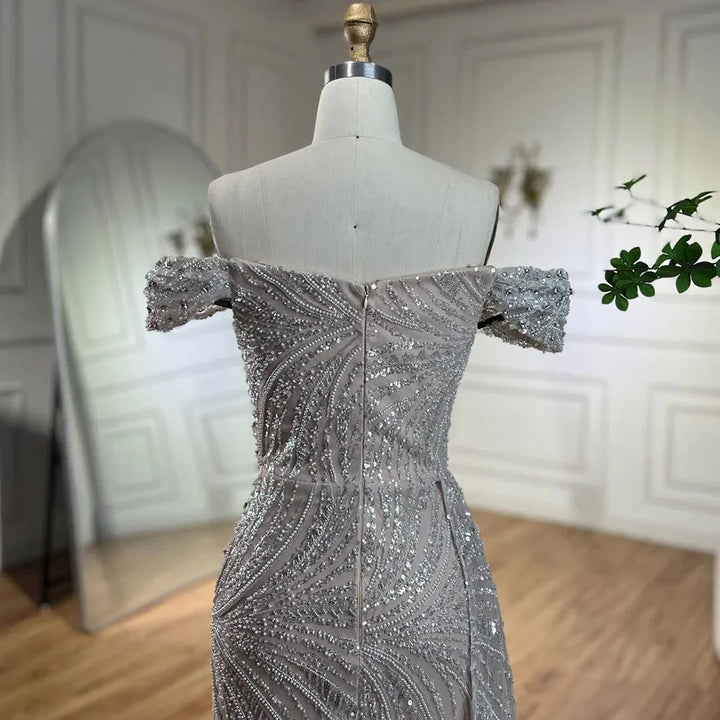 Silver Nude Mermaid High Split Beaded Luxury Evening Dresses