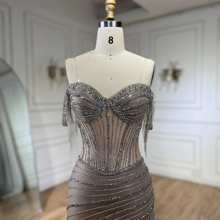 Sliver Nude Off Shoulder Mermaid Elegant Beaded Tassel Evening Dresses