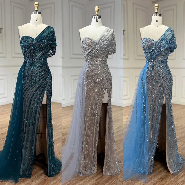 Green Mermaid High Split One Shoulder Beaded Evening Dresses