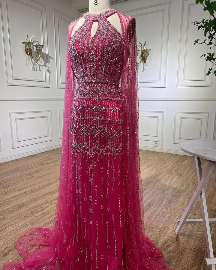 Pink Mermaid Elegant Cape Sleeves Beaded Luxury Evening Dresses