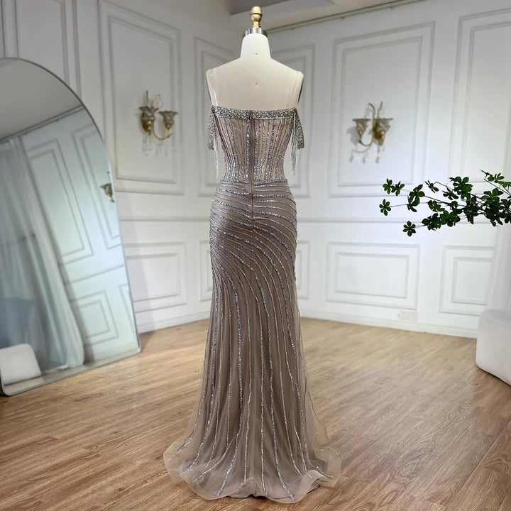 Sliver Nude Off Shoulder Mermaid Elegant Beaded Tassel Evening Dresses
