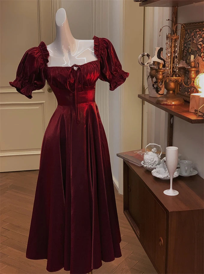 French Vintage Burgundy Evening Party Dress