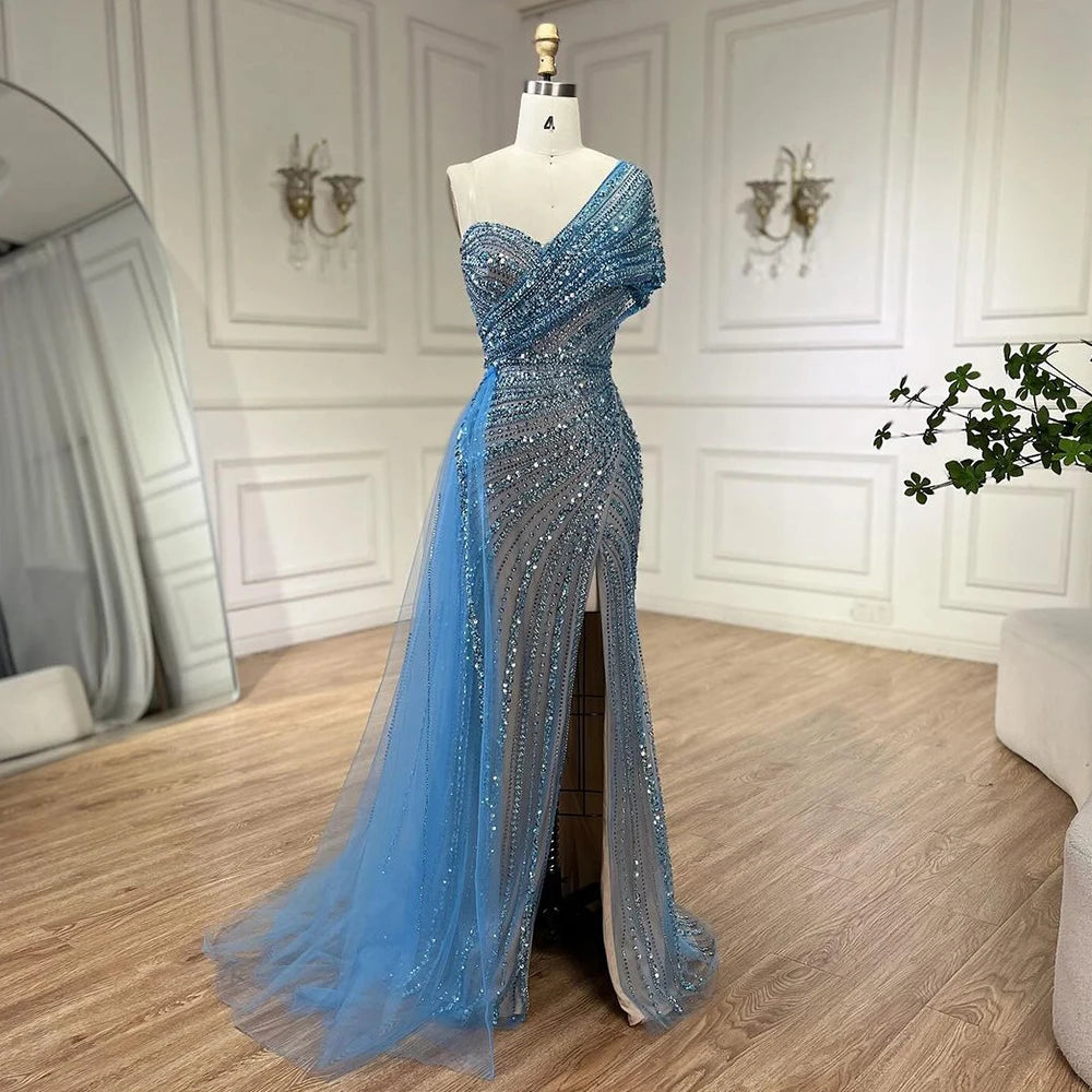 Green Mermaid High Split One Shoulder Beaded Evening Dresses
