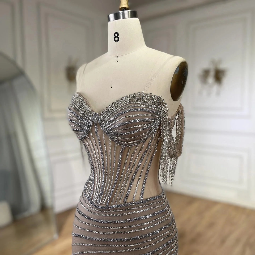 Sliver Nude Off Shoulder Mermaid Elegant Beaded Tassel Evening Dresses