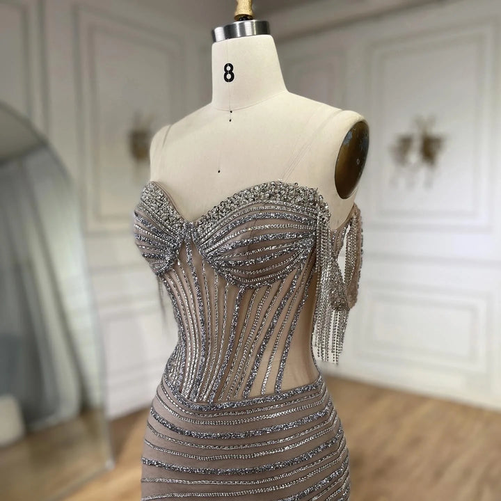 Sliver Nude Off Shoulder Mermaid Elegant Beaded Tassel Evening Dresses