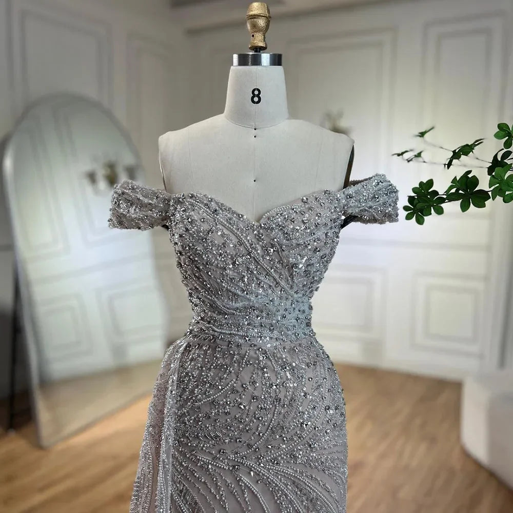 Silver Nude Mermaid High Split Beaded Luxury Evening Dresses
