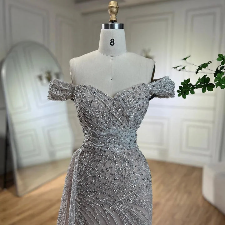 Silver Nude Mermaid High Split Beaded Luxury Evening Dresses