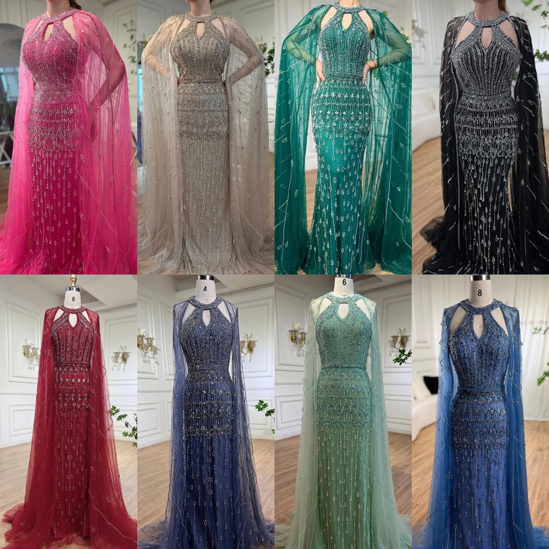 Pink Mermaid Elegant Cape Sleeves Beaded Luxury Evening Dresses