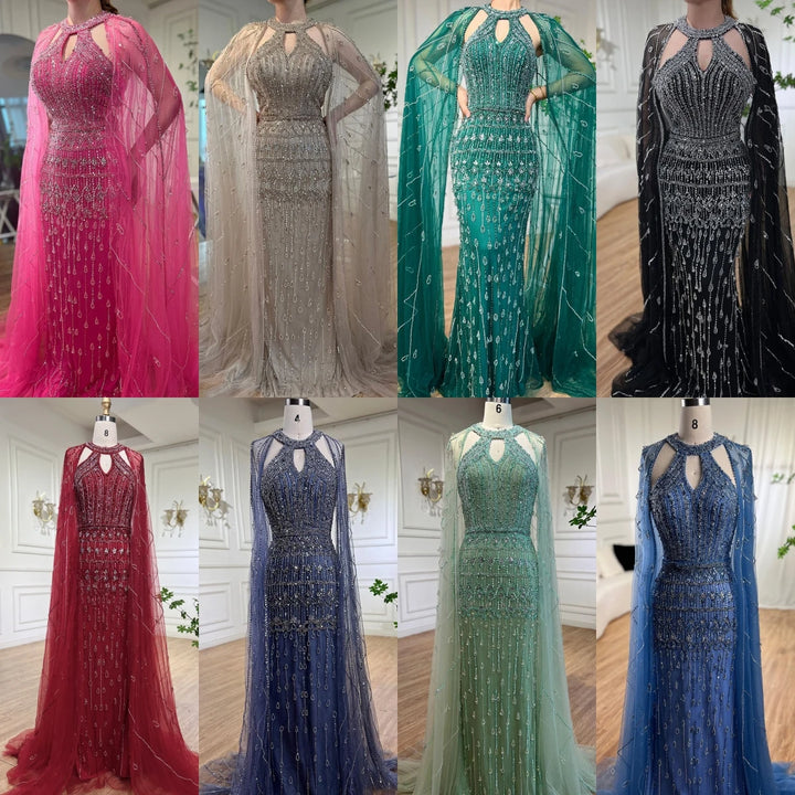 Pink Mermaid Elegant Cape Sleeves Beaded Luxury Evening Dresses