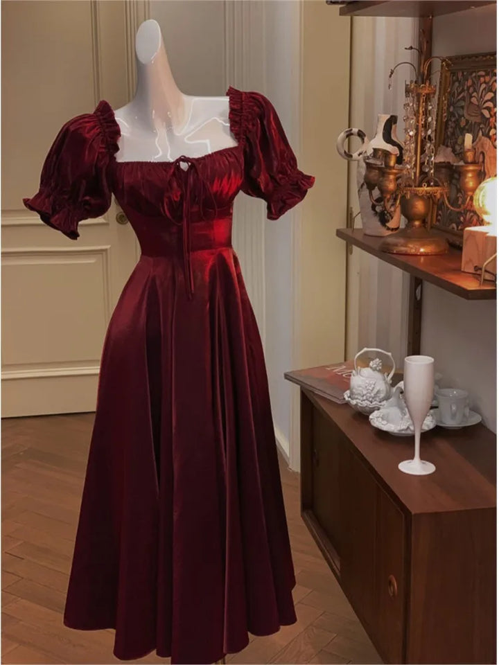 French Vintage Burgundy Evening Party Dress