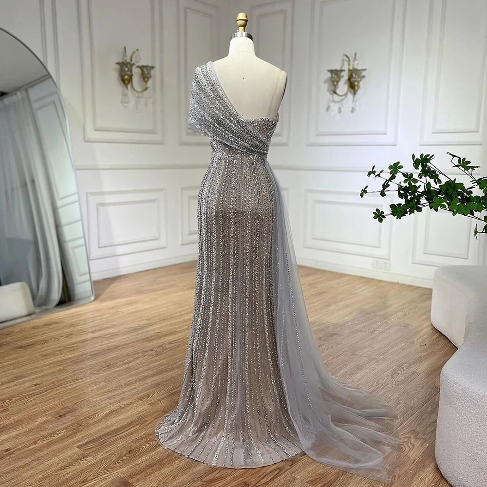 Green Mermaid High Split One Shoulder Beaded Evening Dresses
