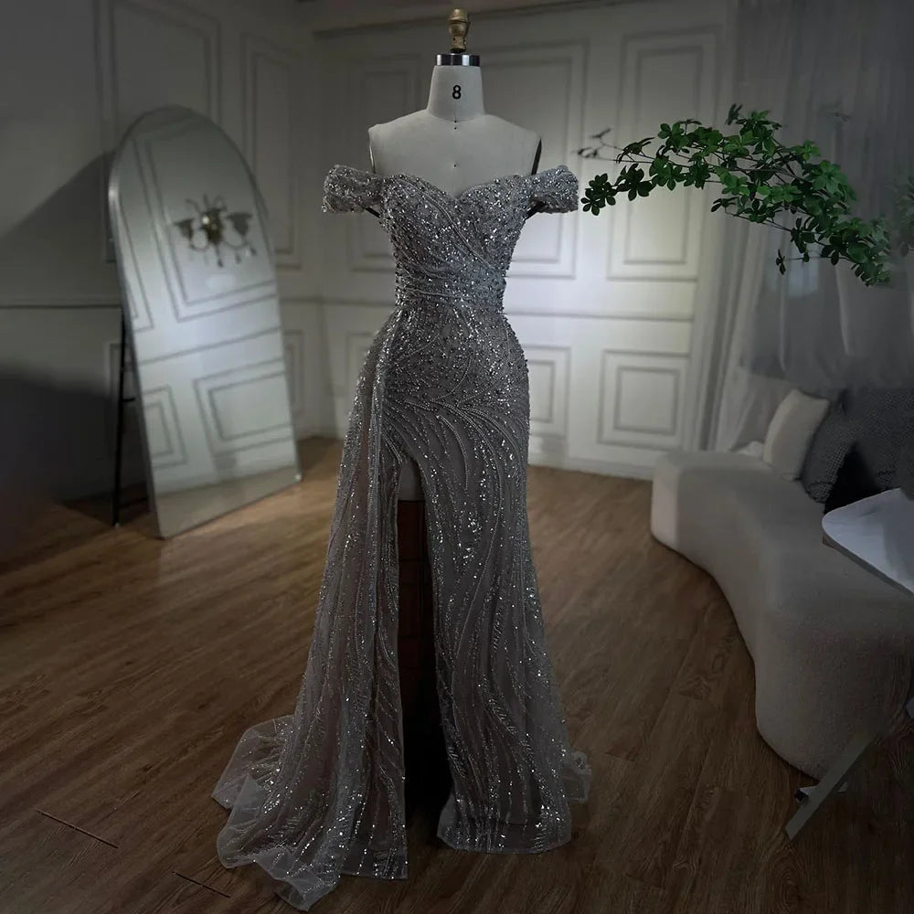 Silver Nude Mermaid High Split Beaded Luxury Evening Dresses